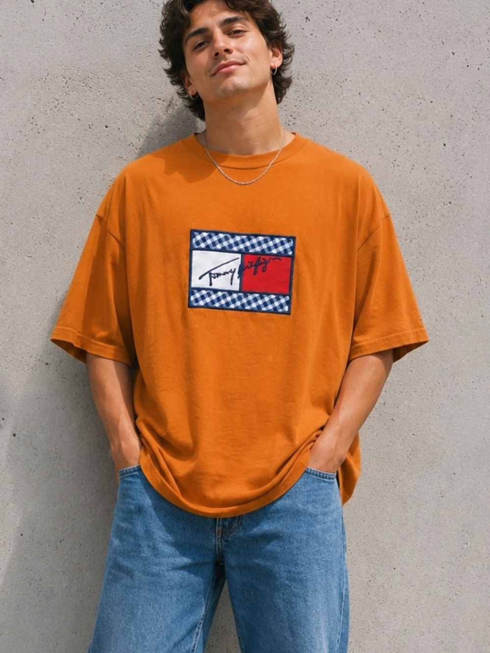 Tommy Hilfiger Vintage 90s Flag Patch Gingham Tee Burnt Orange XL Made USA